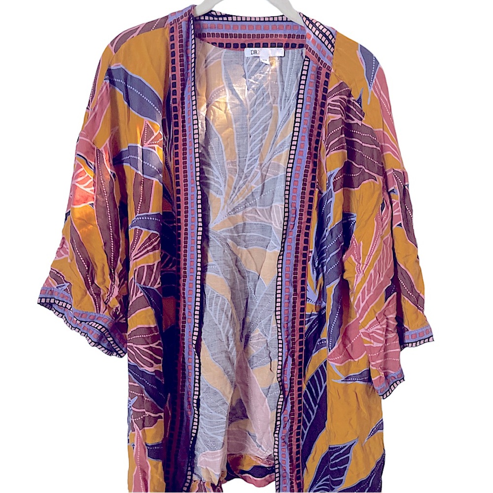 DR2 Yellow Pink Open Front Kimono Top‎